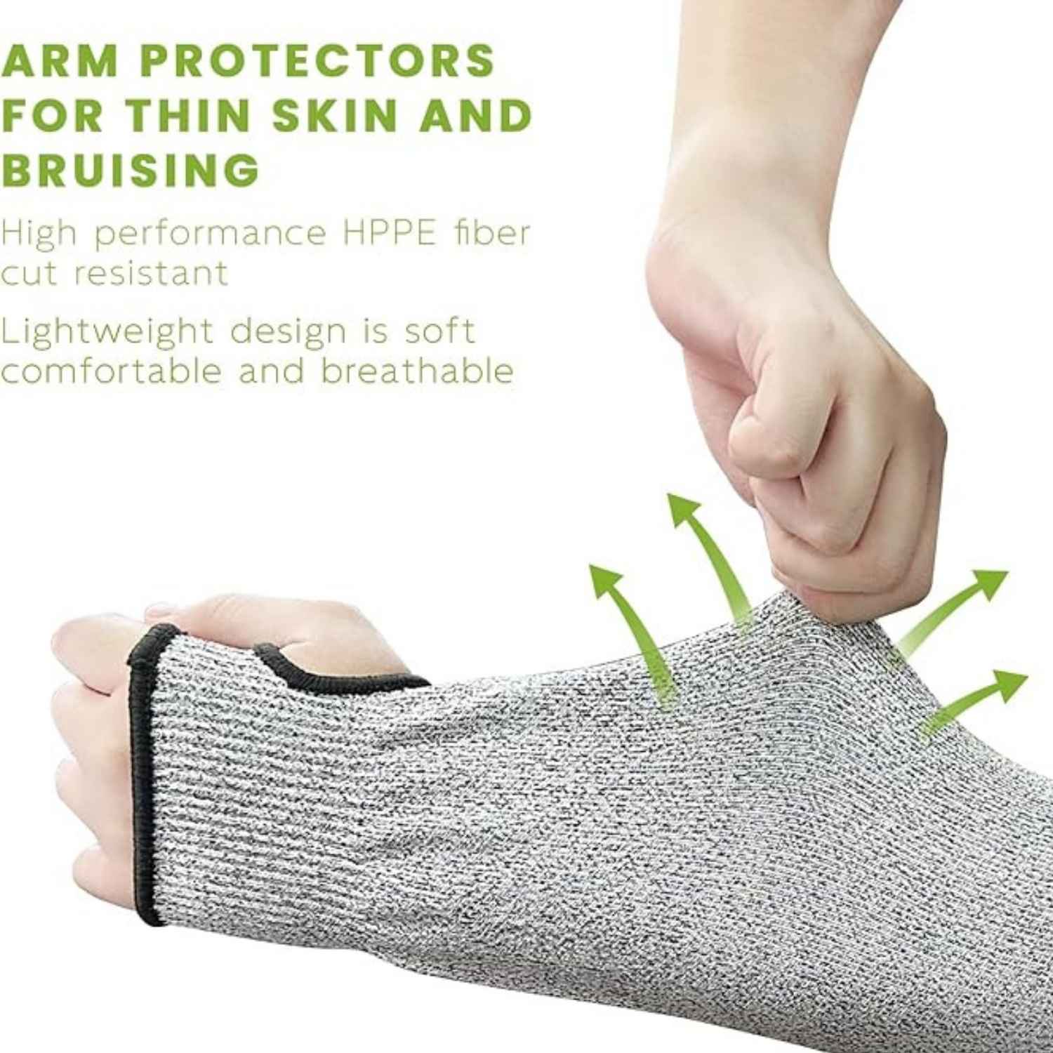 Cut resistant knitted arm sleeves with thumb holes