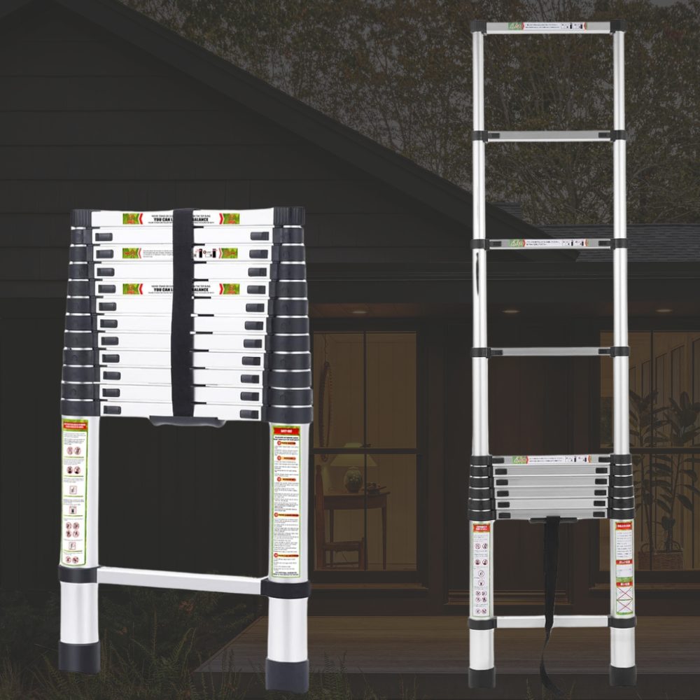 Telescopic aluminium extension ladder extended against a wall